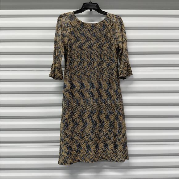 Chris McLaughlin Womens Metallic Chevron Boho Dress Blue Gold Bell Sleeve Size 8 - Picture 2 of 9